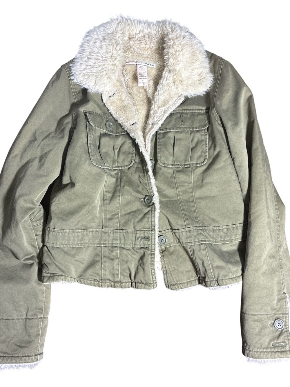 Abercrombie & Fitch Olive Utility Jacket with Cream Sherpa Collar